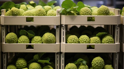 Fresh green custard apples, cherimoya arranged in white plastic crates, ready for market sale.