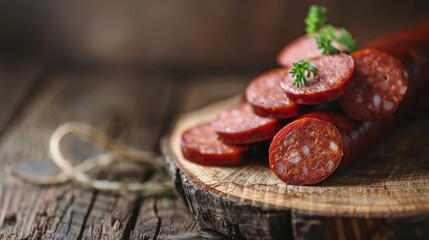 Sticker - Thin Dry Smoked Polish Sausage on Wooden Background with Selective Focus