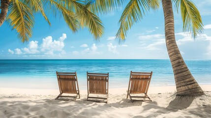 Wall Mural - Beach chairs under coconut trees on a clean white sand beach.