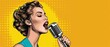 © Seksan - Beautiful woman in vintage pop art style, presenting with a retro microphone, polka dot background, vibrant and bold, Illustration