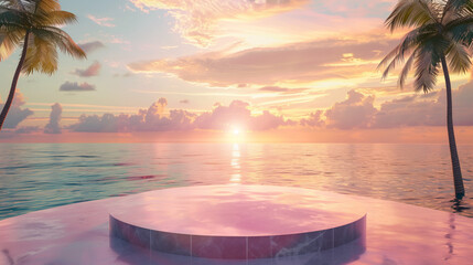 Fototapete - Podium stand in luxury swimming pool water with sea and sunset view. Summer background of tropical design product placement display. Hotel resort poolside backdrop. 