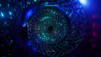 Wall Mural - abstract background 3d animation moving through shiny glass metal and neon lights tunnel, loop