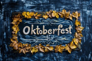 Wall Mural - A chalkboard sign with leaves and the word Oktoberfest written on it