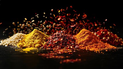 Canvas Print - Colorful spices, including saffron, curry powder, and annatto, are arranged on a black background.