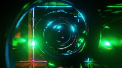Wall Mural - abstract background 3d animation moving through shiny glass metal and neon lights tunnel, loop