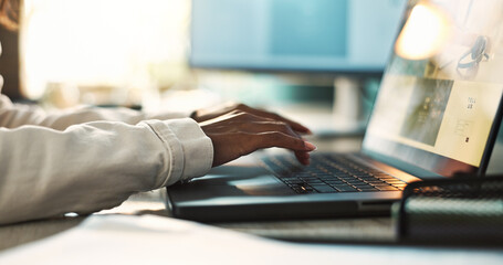 Poster - Laptop, typing and hands of employee, creative and review for product, online and writer in social media. Digital, blogger and closeup of person in office, keyboard and display of computer on desk