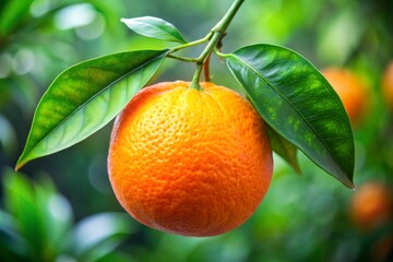 A single orange hanging from a tree with a leaf