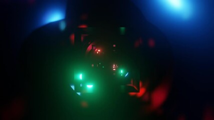 Wall Mural - abstract background 3d animation moving through shiny glass metal and neon lights tunnel, loop