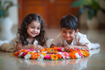 Wall Mural - Happy  children making colourful arrangement with flowers as ritual to celebrate Onam festival