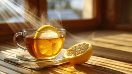 Close up of sunlit glass of tea with lemon on wooden table, illuminated by sunlight from window