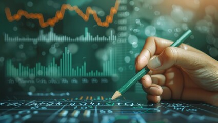 A hand holding a green pencil with a holographic interface displaying various financial graphs and charts, indicating market analysis and data visualization on a digital screen.