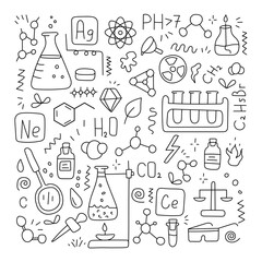 Chemistry set of doodle elements. Vector, isolated