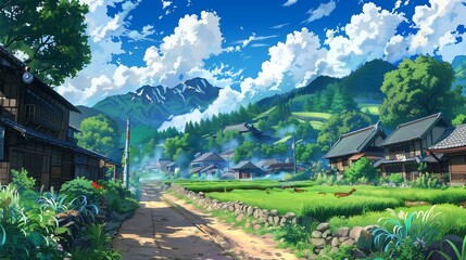 Sticker - village landscape anime style