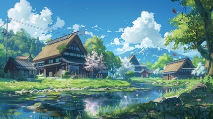 Wall Mural - village landscape anime style