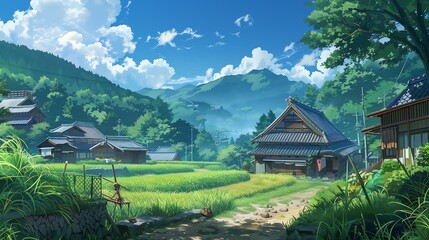 Wall Mural - village landscape anime style