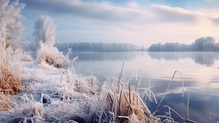 Wall Mural - A picture of a frozen lake or pond with surrounding grass covered in frost, suitable for use in winter-themed designs