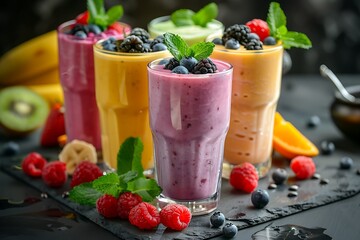 Wall Mural - Colorful smoothies in tall glasses with fresh berries and mint