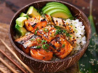 Wall Mural - A traditional meal served from a handmade wooden bowl, filled with rice and cooked meat