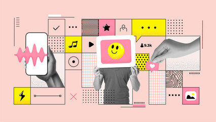 Contemporary art Collage. Modern diverse people active social network users, liking, commenting, reading articles, giving feedback on smartphones, standing in boxes on pink background. Vector illustra