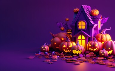 Wall Mural - 3D cartoon illustration of a cute house made of pumpkins and Halloween decorations against a purple background