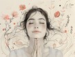 © MindShiftMasteryHub - A woman meditates surrounded by soft, delicate flowers, showcasing gratitude, minimal illustration