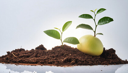 Wall Mural - young pomelo plant soil humus white background