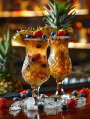 Wall Mural - A simple still life scene featuring a couple of glasses filled with fruit sitting on a table