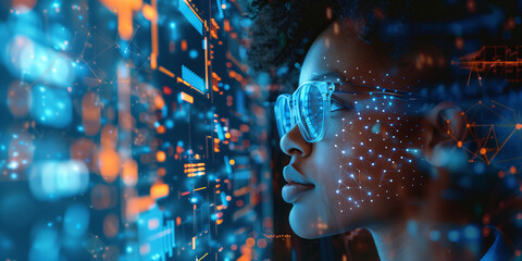 Software developer illuminated by the glow of multiple monitors, deep in focus, with lines of code reflected in their glasses.