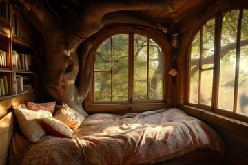 Cozy bedroom nestled among the branches in treehouse. Bed with soft pillows and blankets, big windows with woodland view on sunny day. Natural interior of enchanted forest tree house.