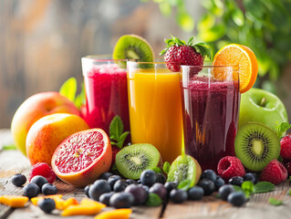 Sticker - Fresh Fruit Juices With Assorted Fruits and Berries on a Wooden Table