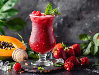 Canvas Print - Refreshing Raspberry and Papaya Smoothie With Mint Garnish