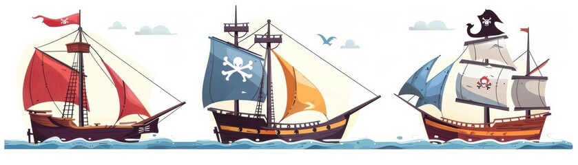 Cute pirate cartoon adventurous flat design side view ship theme water color Triadic Color Scheme