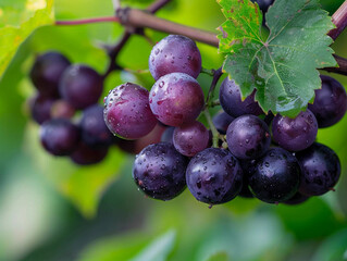 Poster - Closeup Of A Bunch Of Dark Purple Grapes On A Vine With Green Leaves