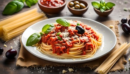 Wall Mural - Italian marinara sauce spaghetti pasta served with fresh basil, olives and pecorino cheese
