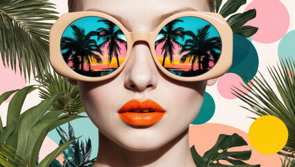 A close-up portrait of a woman with vibrant orange lipstick, wearing large, round sunglasses that reflect a sunset scene with palm trees