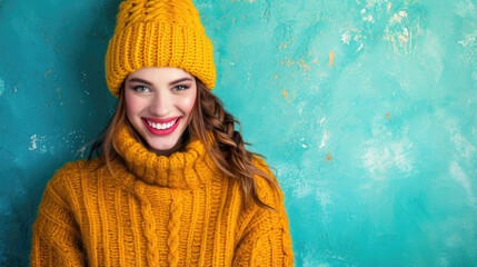 Wall Mural - A woman wearing a yellow hat and sweater, casual outdoor scene