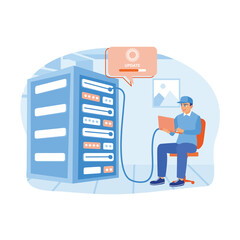 Wall Mural - technicians perform updates in the data center. optimizing computer system networks. server maintena