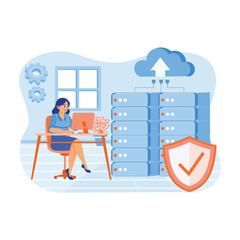 Wall Mural - woman working at the computer. connected data storage technology in server racks. server maintenance