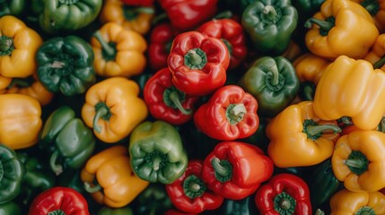 Vibrant mixed bell peppers  fresh red, green, and yellow peppers in market display