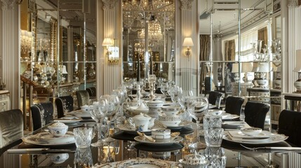 A glamorous dining room with mirrored walls reflecting a table set with fine bone china and crystal stemware