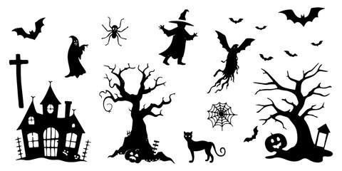 Wall Mural - Vector collection of black silhouette halloween elements on white background