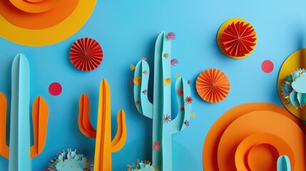 Wall Mural - Paper cacti in 3D on blue backdrop with vibrant orange and red circles