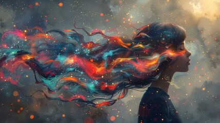 Wall Mural - Woman dissolving into neon acrylic paint. 3D illustration