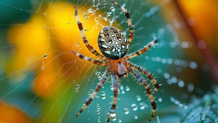 A detailed macro shot of a colorful orb-weaver spider sitting in its intricate web adorned with dewdrops, set against a vibrant and blurred background of yellow and green hues.
