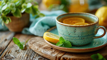 A cup of herbal tea with lemon on a wooden board, decorated with mint leaves.