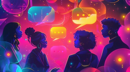 conversation in a cosmic space - an illustration of four people in silhouette talking, surrounded by