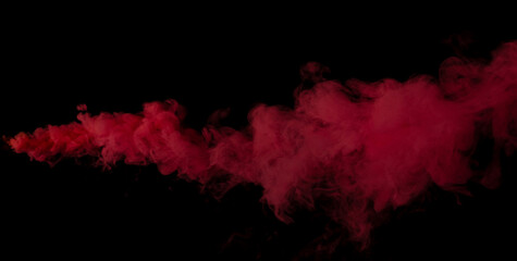 Fototapete - Red Dense Fluffy Puffs of White Smoke and Fog on black Background, Abstract Smoke Clouds, Movement Blurred out of focus. Smoking blows from machine dry ice fly fluttering in Air, effect texture