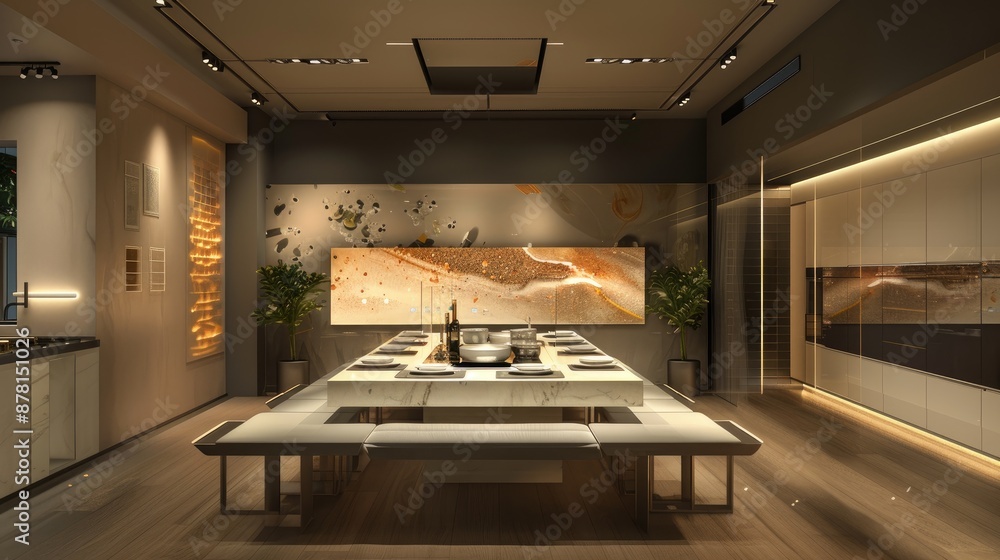 A modern dining space with an interactive cooking demonstration wall ...