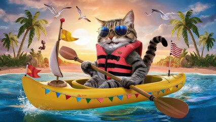 Poster - A cat in a life jacket and sunglasses on a yellow boat, AI