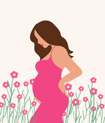 Wall Mural - Illustration of a pregnant woman on a light pink background.